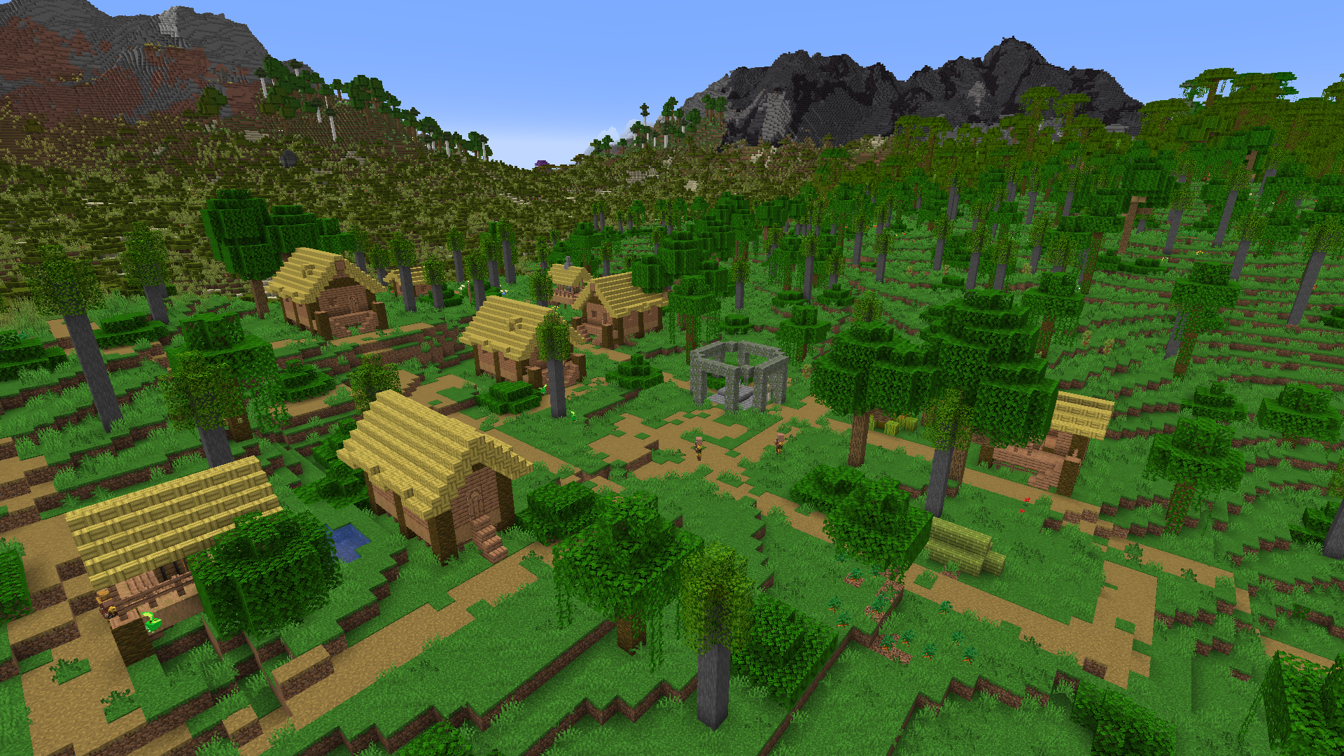 丛林村庄中的住宅、道路与中央广场。