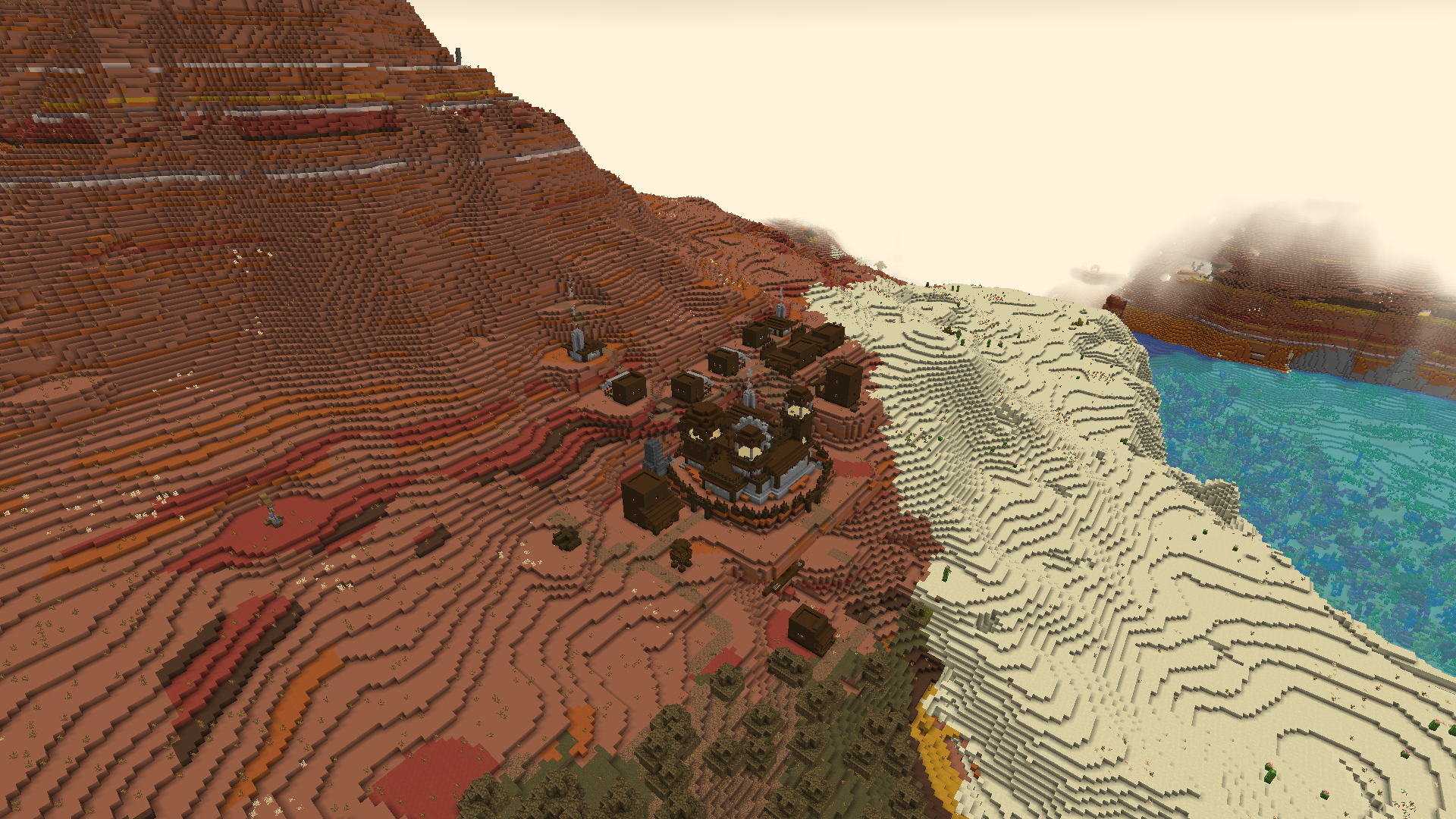 恶地山坡上的采矿哨站，木制塔楼与棚屋沿道路分布。